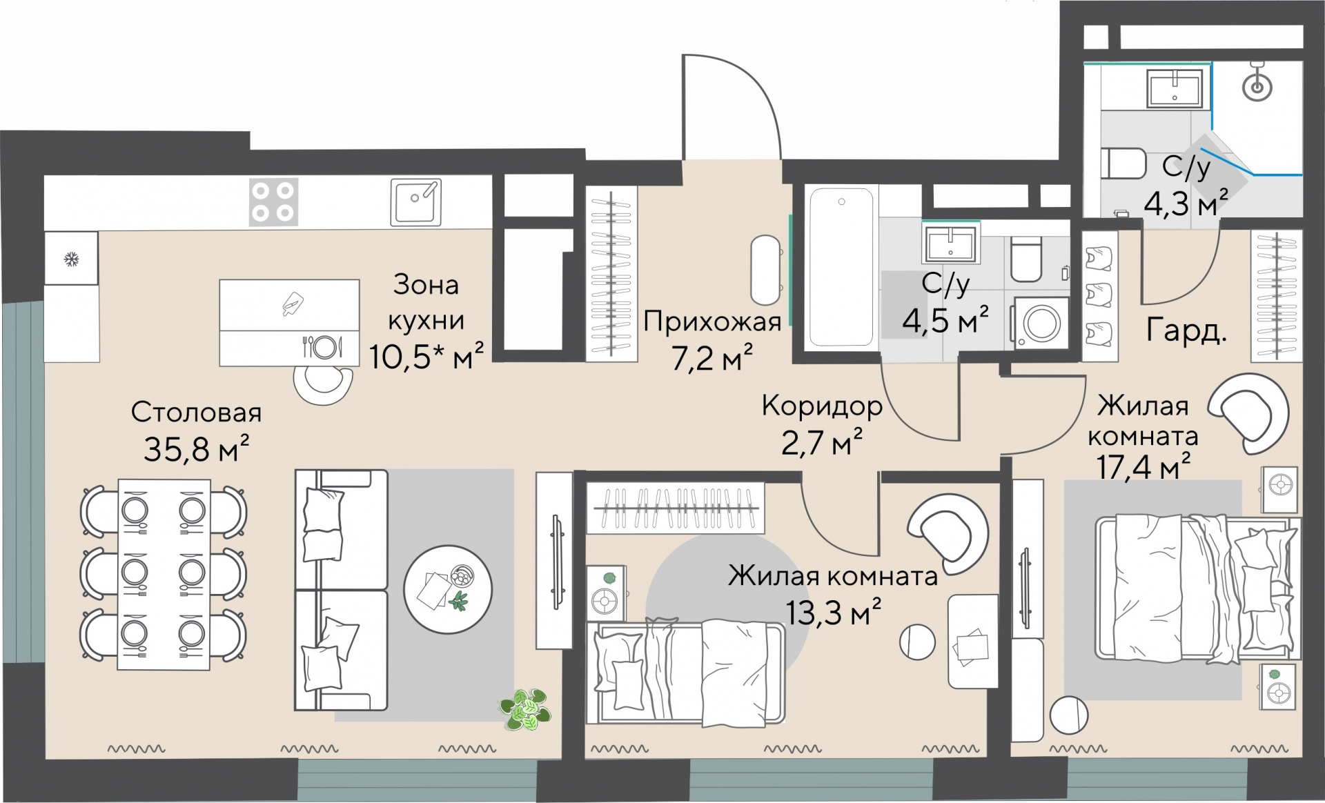 2 к. квартира, ЖК «Никольский» 2 очередь, ул. Белинского, д. 101/1,  кв. К3-16-1, пд.3, эт. 16/27, 86,2 м², 20 822 000 ₽, 241 555 ₽/м²