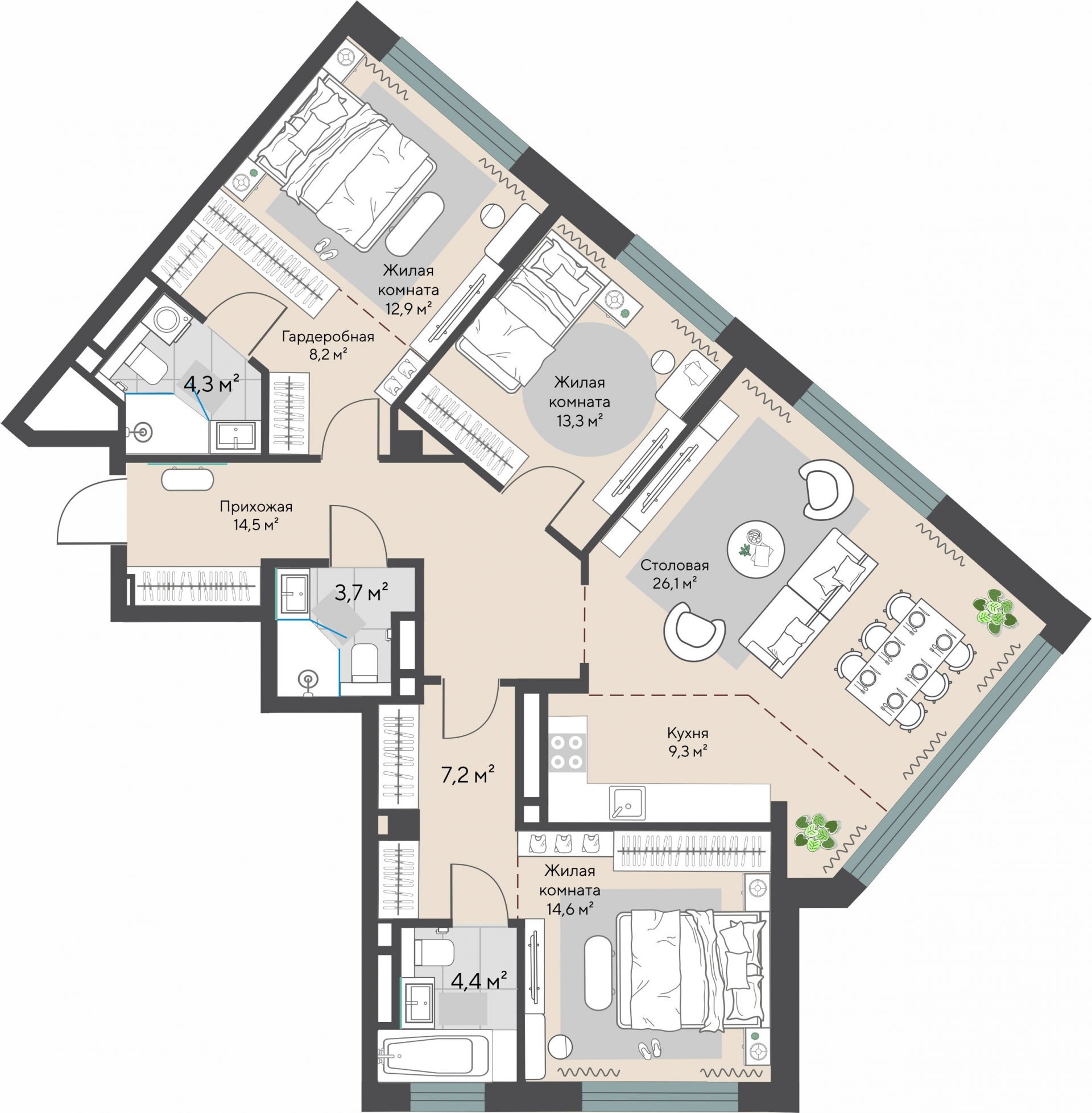3 к. квартира, ЖК «Никольский» 1 очередь, ул. Белинского, д. 101/2, кв. К1-4-3, пд.1, эт. 4/28, 118,5 м², 27 539 000 ₽, 232 397 ₽/м²