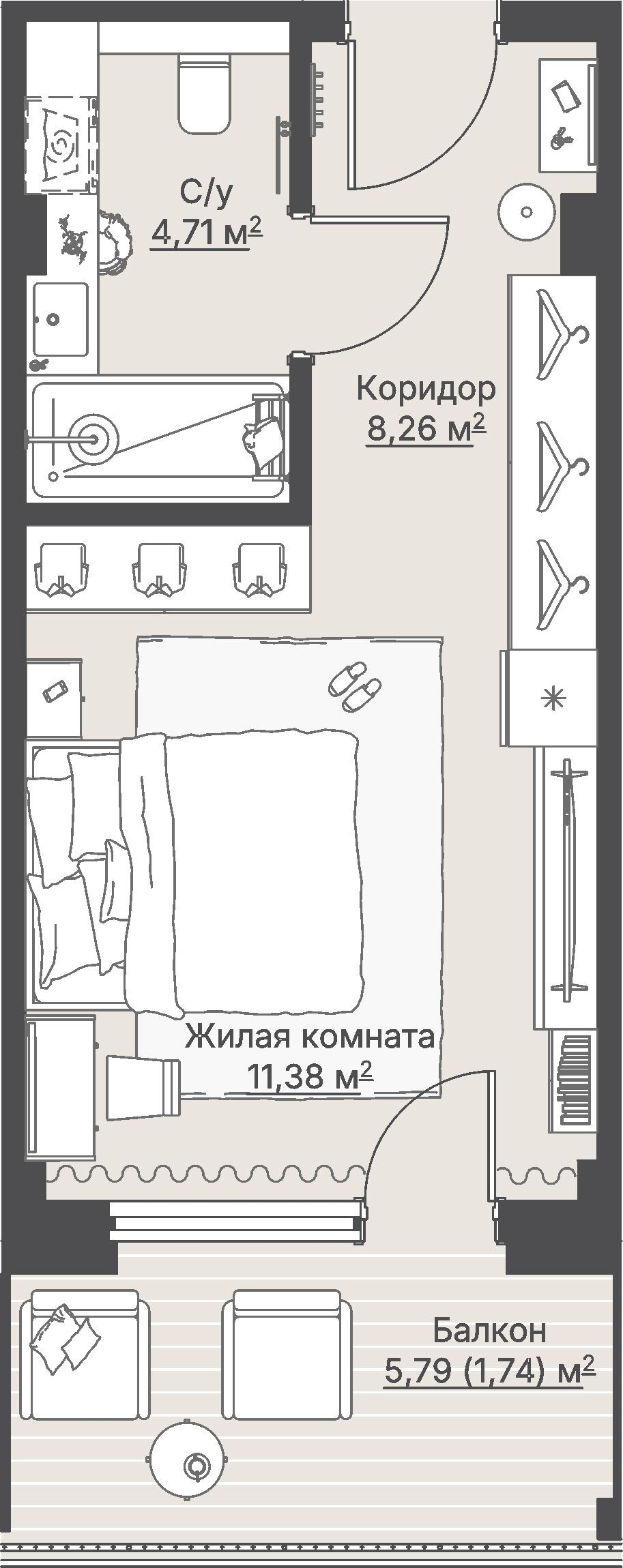 1 к. квартира, отель Шермонт 3 очередь, ул. Весенняя,  кв. 317, пд.1, эт. 3/12, 26,09 м², 11 236 000 ₽, 430 663 ₽/м²