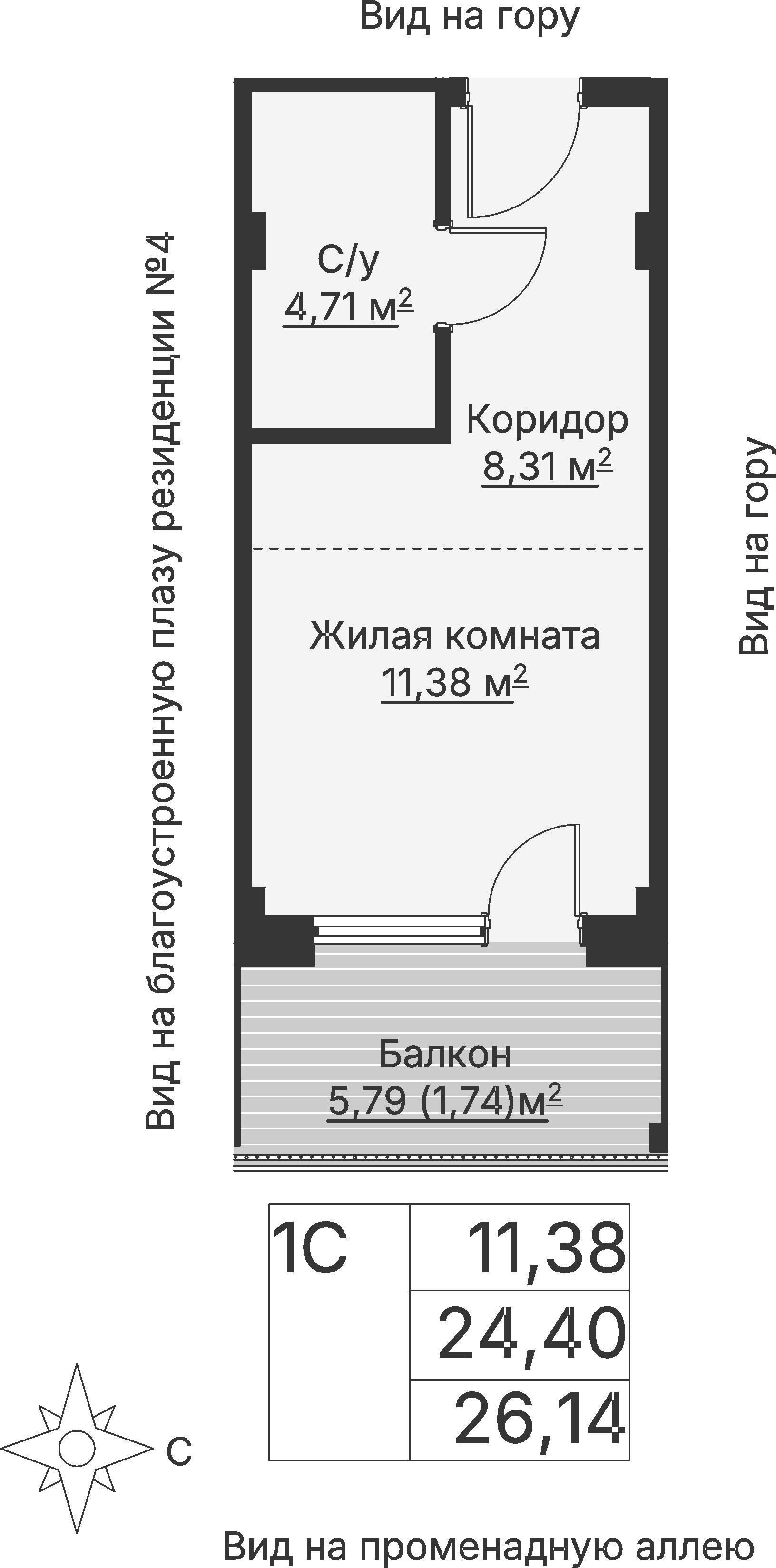 1 к. квартира (гостиничный номер), отель Шермонт 3 очередь, ул. Весенняя,  кв. 411, пд.1, эт. 4/12, 26,23 м², 11 371 000 ₽, 433 511 ₽/м²