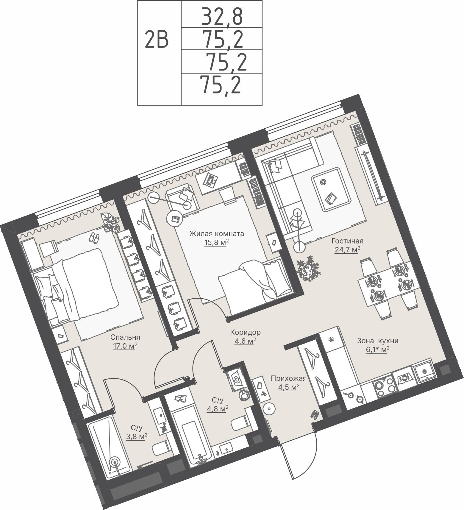 2 к. квартира, ЖК «Никольский» 2 очередь, ул. Белинского, д. 109/5,  кв. К4-3-2, пд.4, эт. 3/27, 75,2 м², 19 211 000 ₽, 255 465 ₽/м²