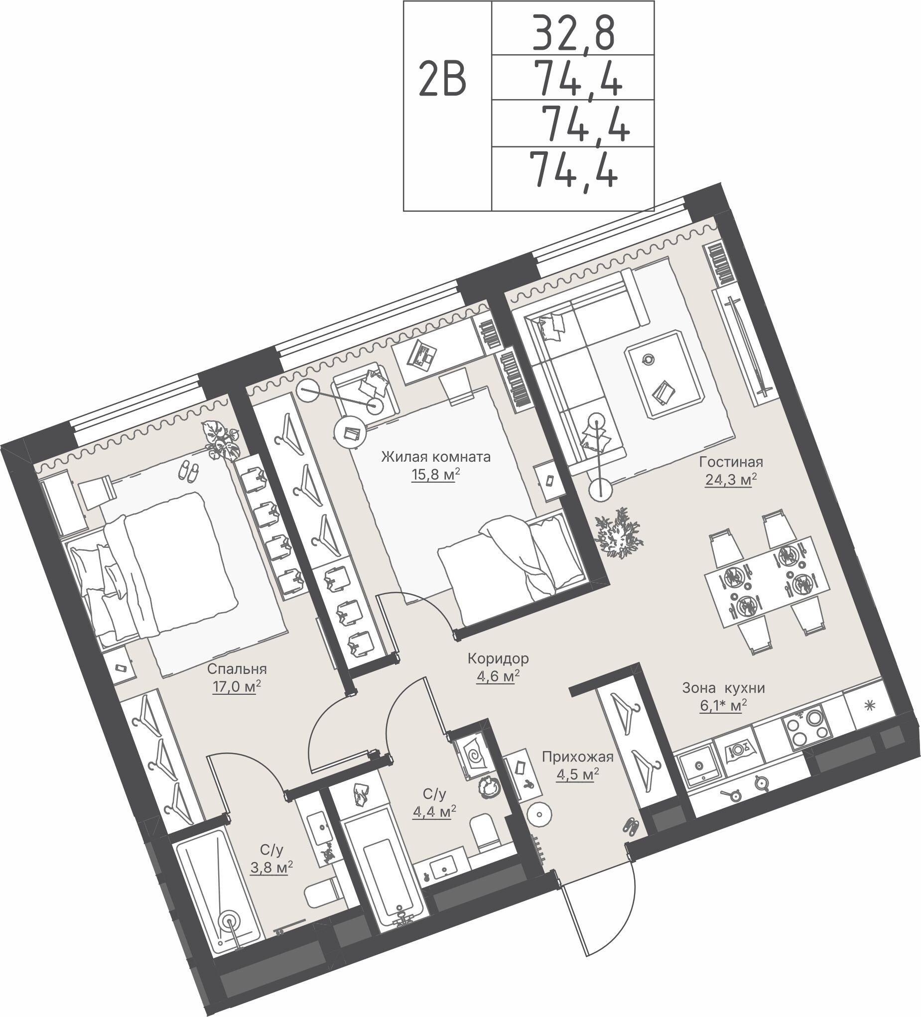 2 к. квартира, ЖК «Никольский» 2 очередь, ул. Белинского, д. 109/5,  кв. К4-4-2, пд.4, эт. 4/27, 74,4 м², 18 116 000 ₽, 243 495 ₽/м²