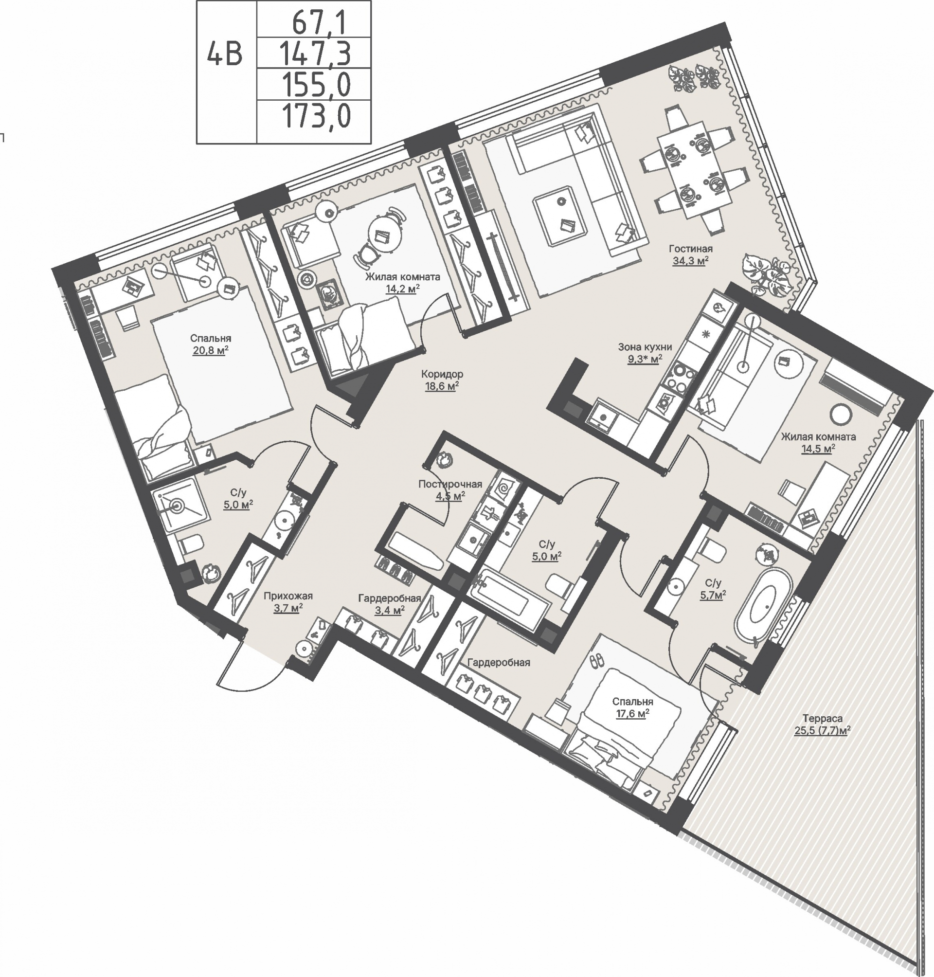4 к. квартира, ЖК «Никольский» 2 очередь, ул. Белинского, д. 109/5,  кв. К4-3-4, пд.4, эт. 3/27, 155 м², 29 396 000 ₽, 189 652 ₽/м²
