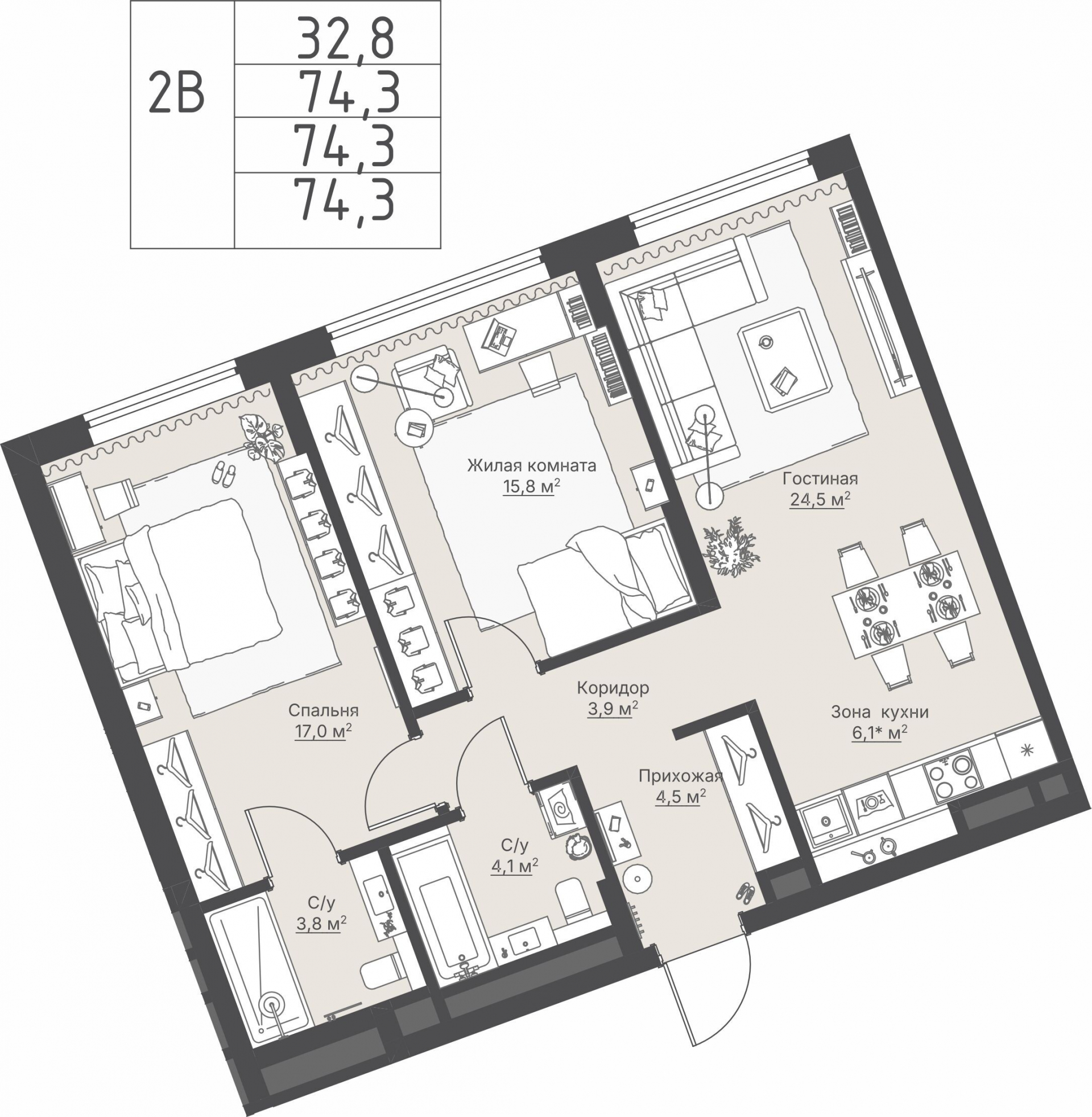 2 к. квартира, ЖК «Никольский» 2 очередь, ул. Белинского, д. 109/5,  кв. К4-5-2, пд.4, эт. 5/27, 74,3 м², 18 092 000 ₽, 243 499 ₽/м²
