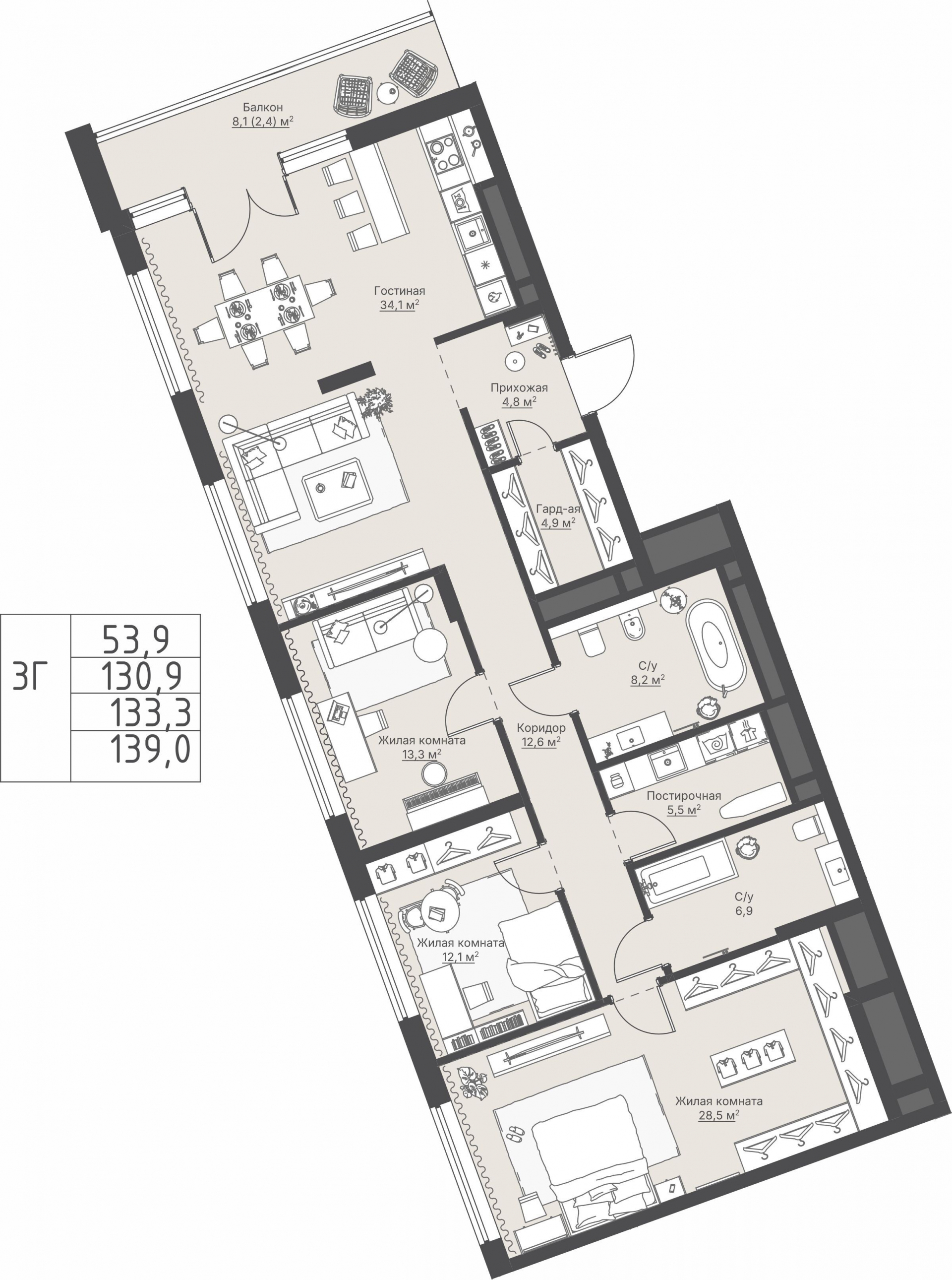 3 к. квартира, ЖК «Никольский» 2 очередь, ул. Белинского, д. 109/5,  кв. К4-26-1, пд.4, эт. 26/27, 133,3 м², 35 330 000 ₽, 265 041 ₽/м²