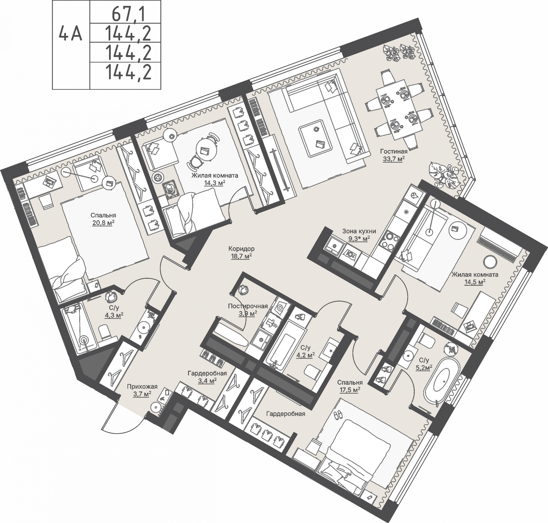 4 к. квартира, ЖК «Никольский» 2 очередь, ул. Белинского, д. 109/5,  кв. К4-11-4, пд.4, эт. 11/27, 144,2 м², 29 521 000 ₽, 204 723 ₽/м²