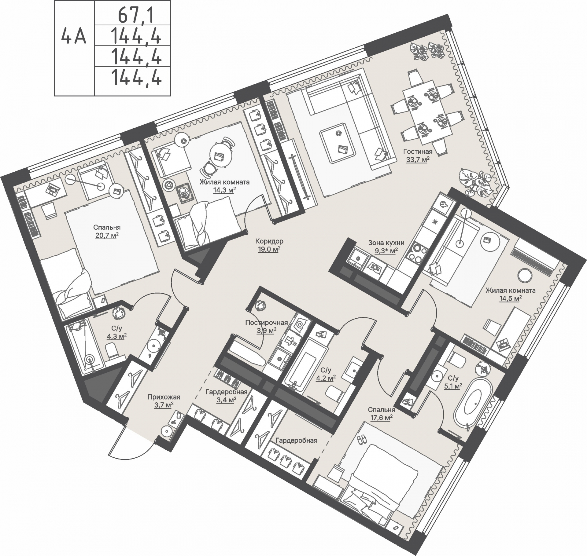 4 к. квартира, ЖК «Никольский» 2 очередь, ул. Белинского, д. 109/5,  кв. К4-16-4, пд.4, эт. 16/27, 144,4 м², 30 504 000 ₽, 211 247 ₽/м²