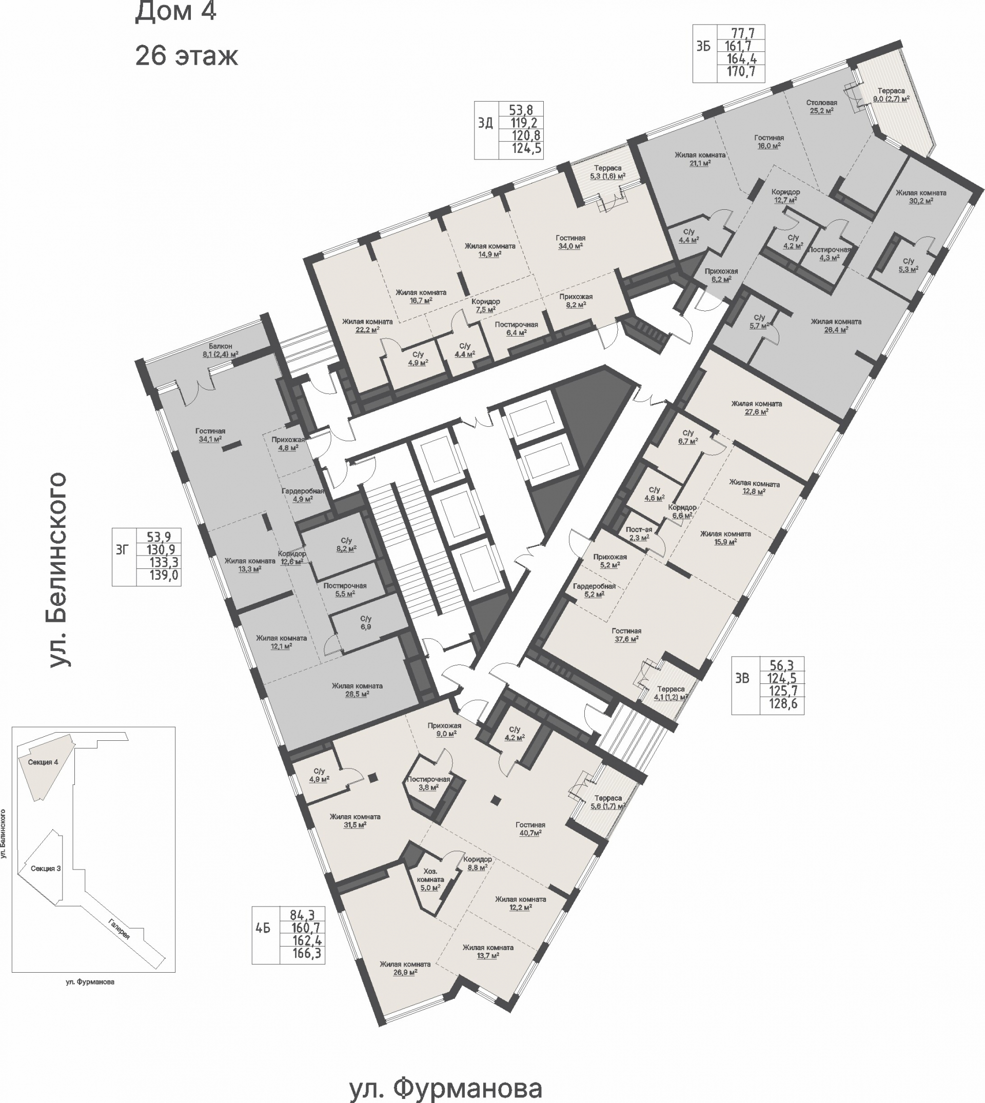 4 к. квартира, ЖК «Никольский» 2 очередь, ул. Белинского, д. 109/5,  кв. К4-26-5, пд.4, эт. 26/27, 162,4 м², 36 917 000 ₽, 227 321 ₽/м²
