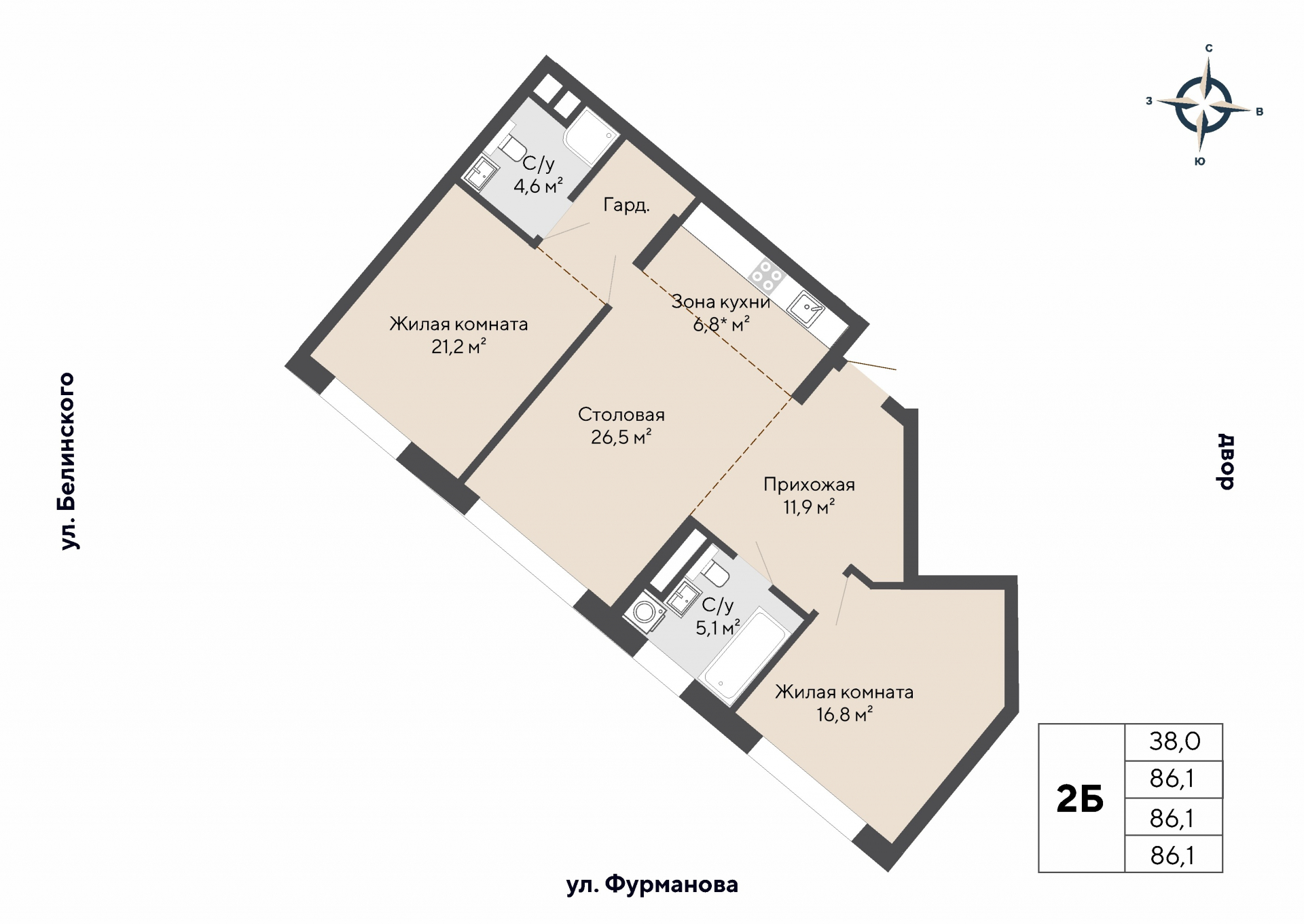 2 к. квартира, ЖК «Никольский» 2 очередь, ул. Белинского, д. 101/1,  кв. К3-19-9, пд.3, эт. 19/27, 86,1 м², 20 693 000 ₽, 240 337 ₽/м²