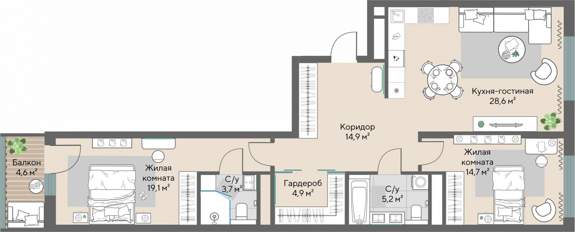 2 к. квартира, ЖК «Нагорный» 2 очередь, ул. Нагорная, д. 16,  кв. 1.6-20-1, пд.3, эт. 20/28, 92,5 м², 20 560 000 ₽, 222 270 ₽/м²