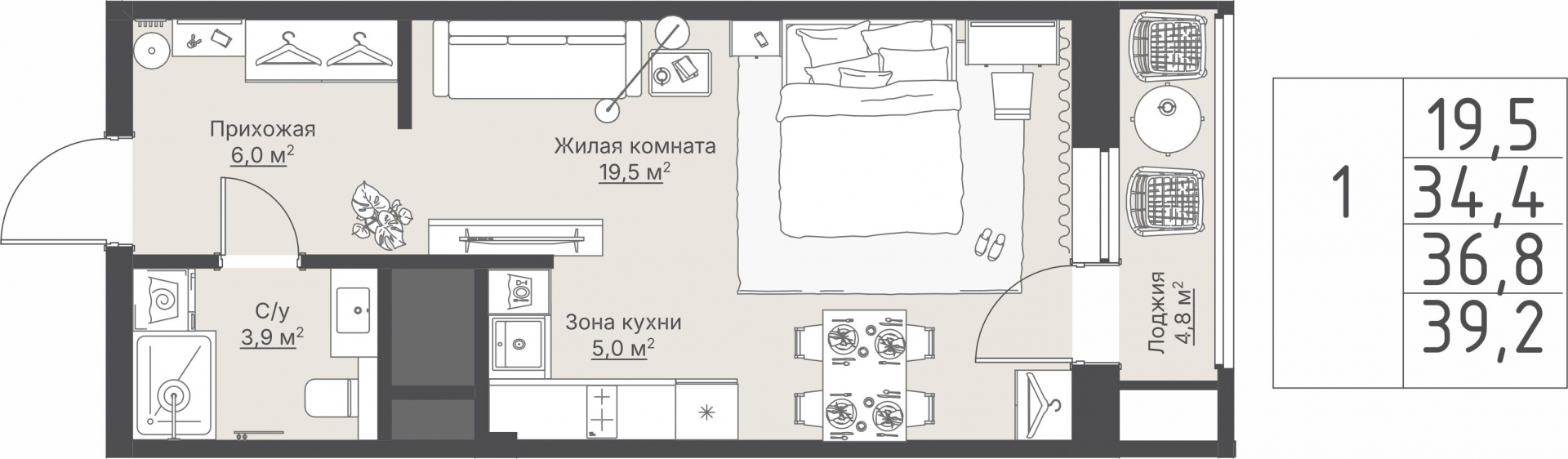 1 к. квартира, «Кедровый_Дом №2», ул. Кедровая,  кв. 1-1.2-4-1, пд.1, эт. 4/8, 36,8 м², 10 810 000 ₽, 293 750 ₽/м²